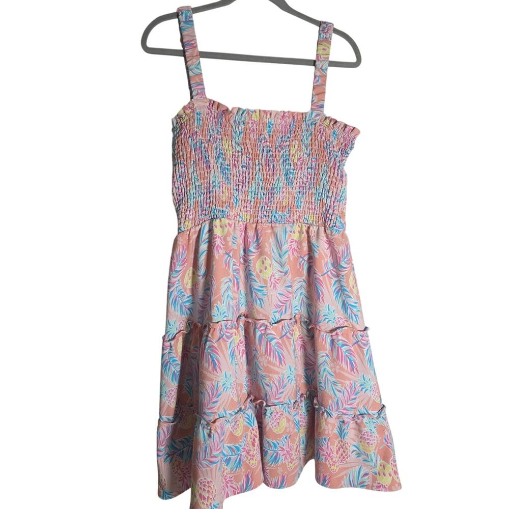 Simply Southern Pineapple Dress XL Pink Smocked Tropical Tiered Mini Sundress